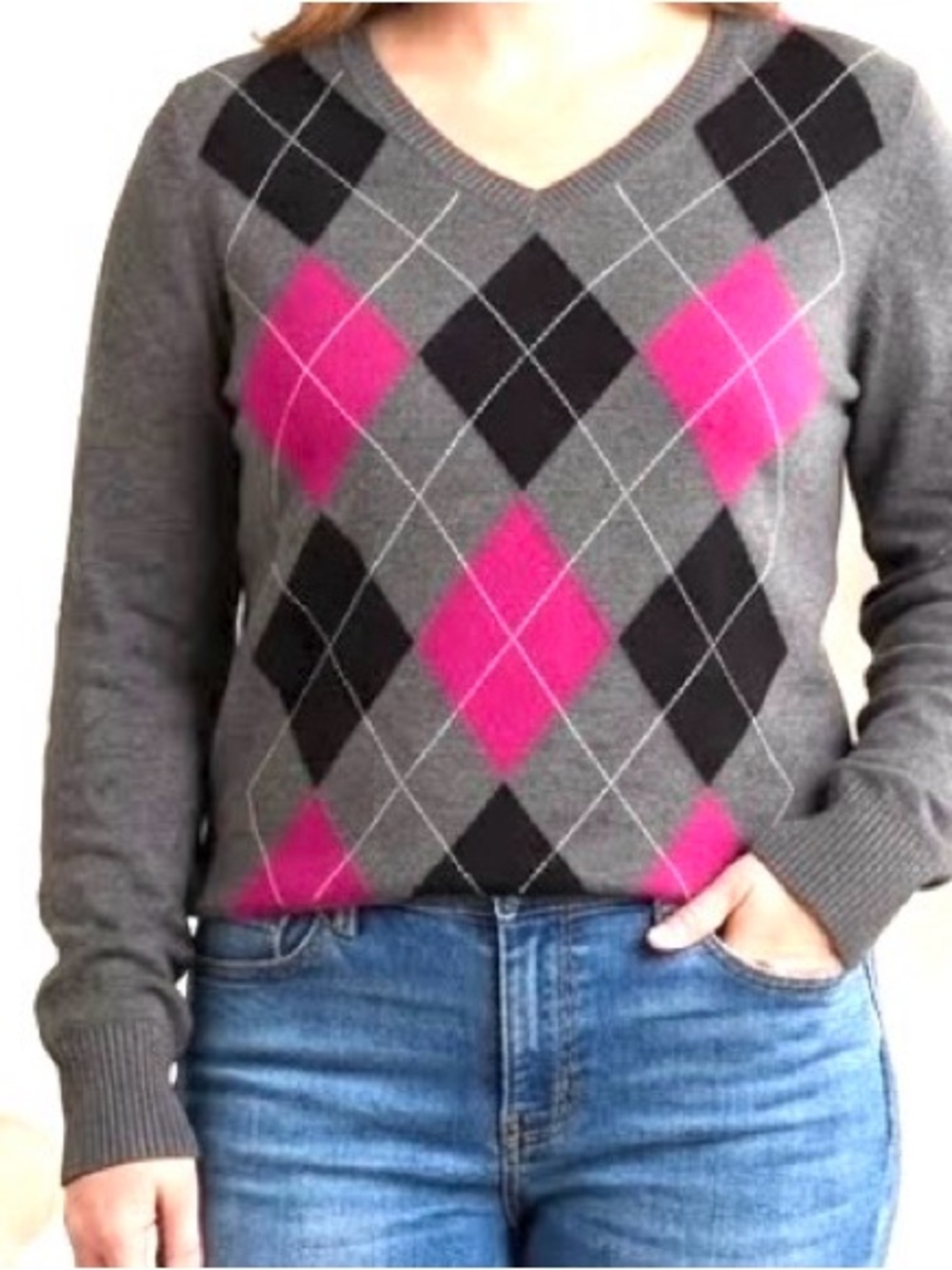 Izod Gray V-Neck Sweater with Pink & Black Argyle